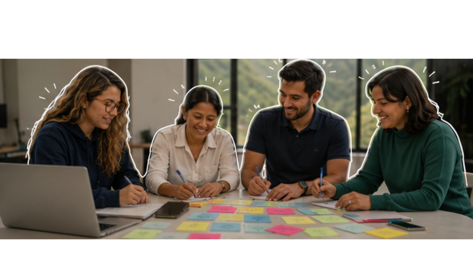Equipo trabajando en sesión de diseño de la app financiera